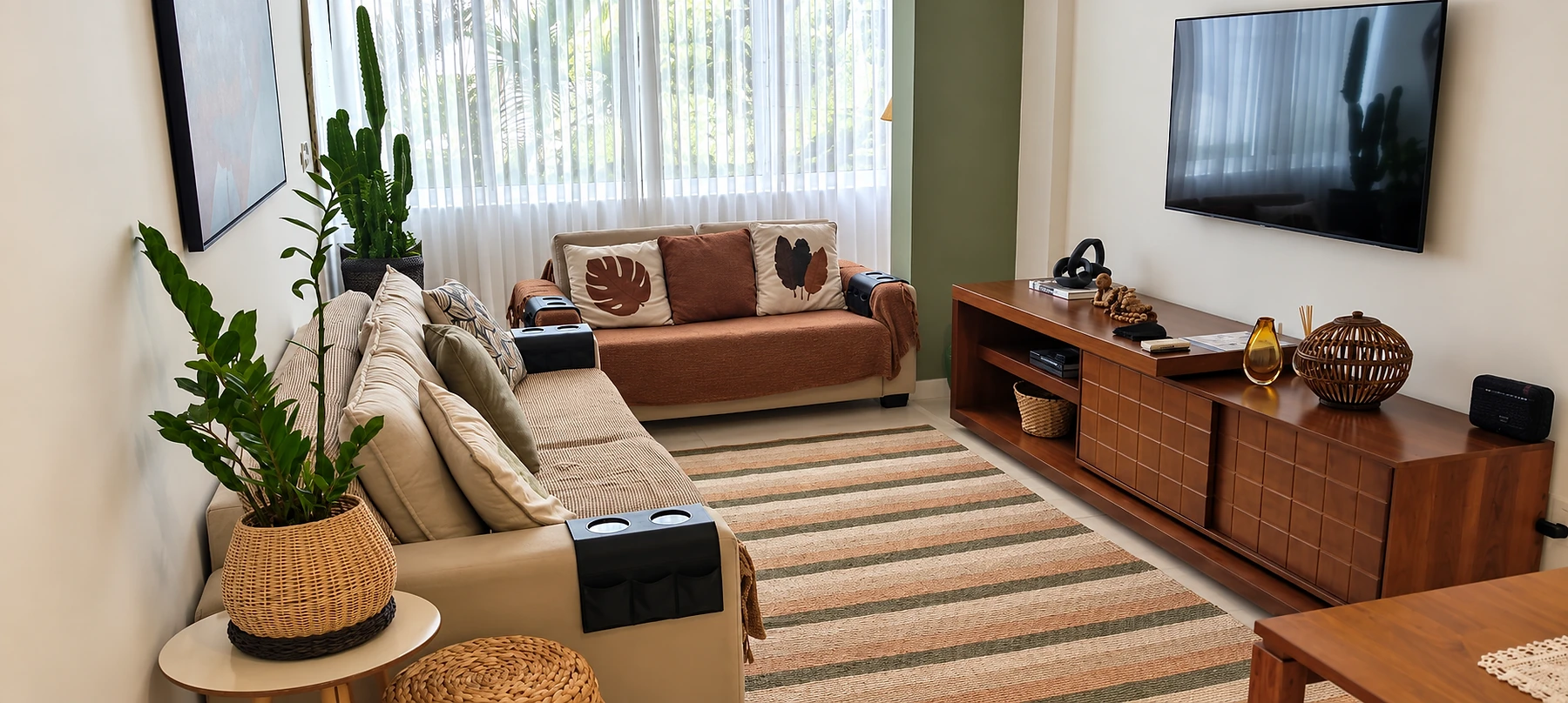 Sala limpa e organizada para Airbnb